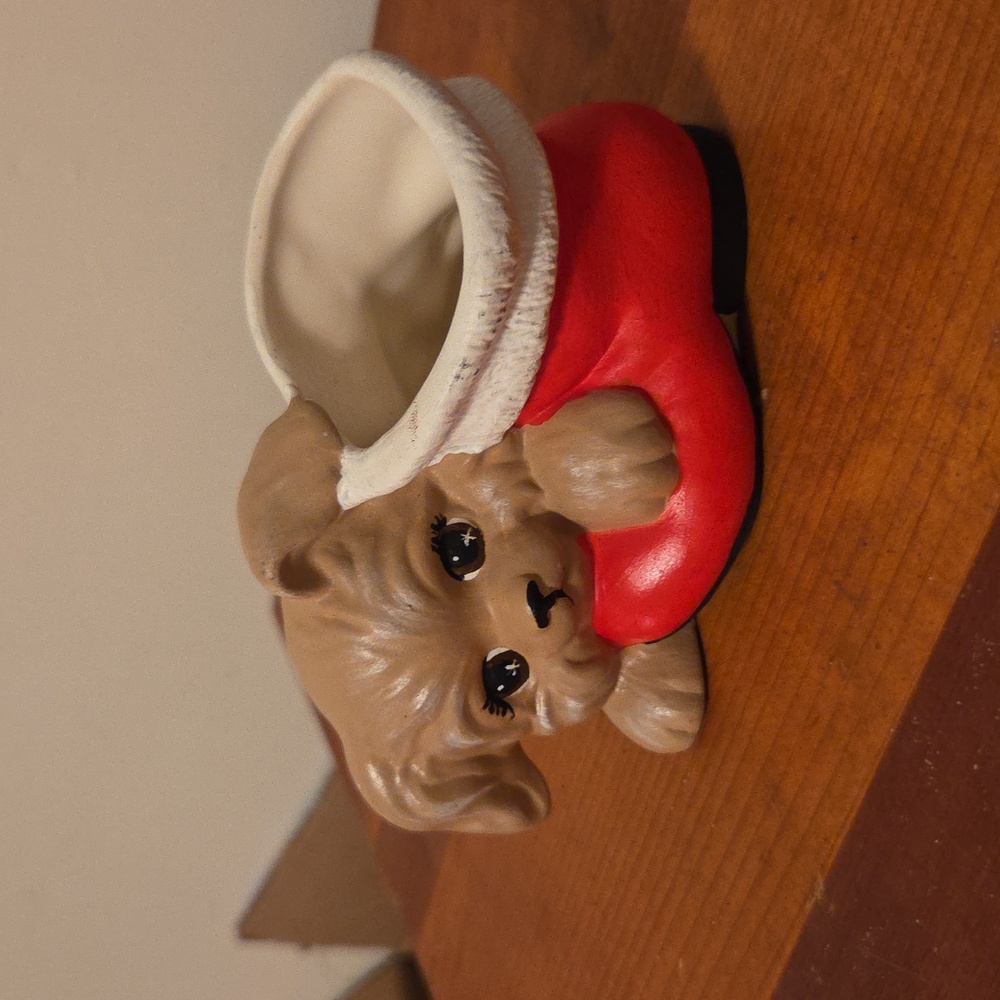 Vintage Brown Dog Planter/Dish with Red Santa Boot